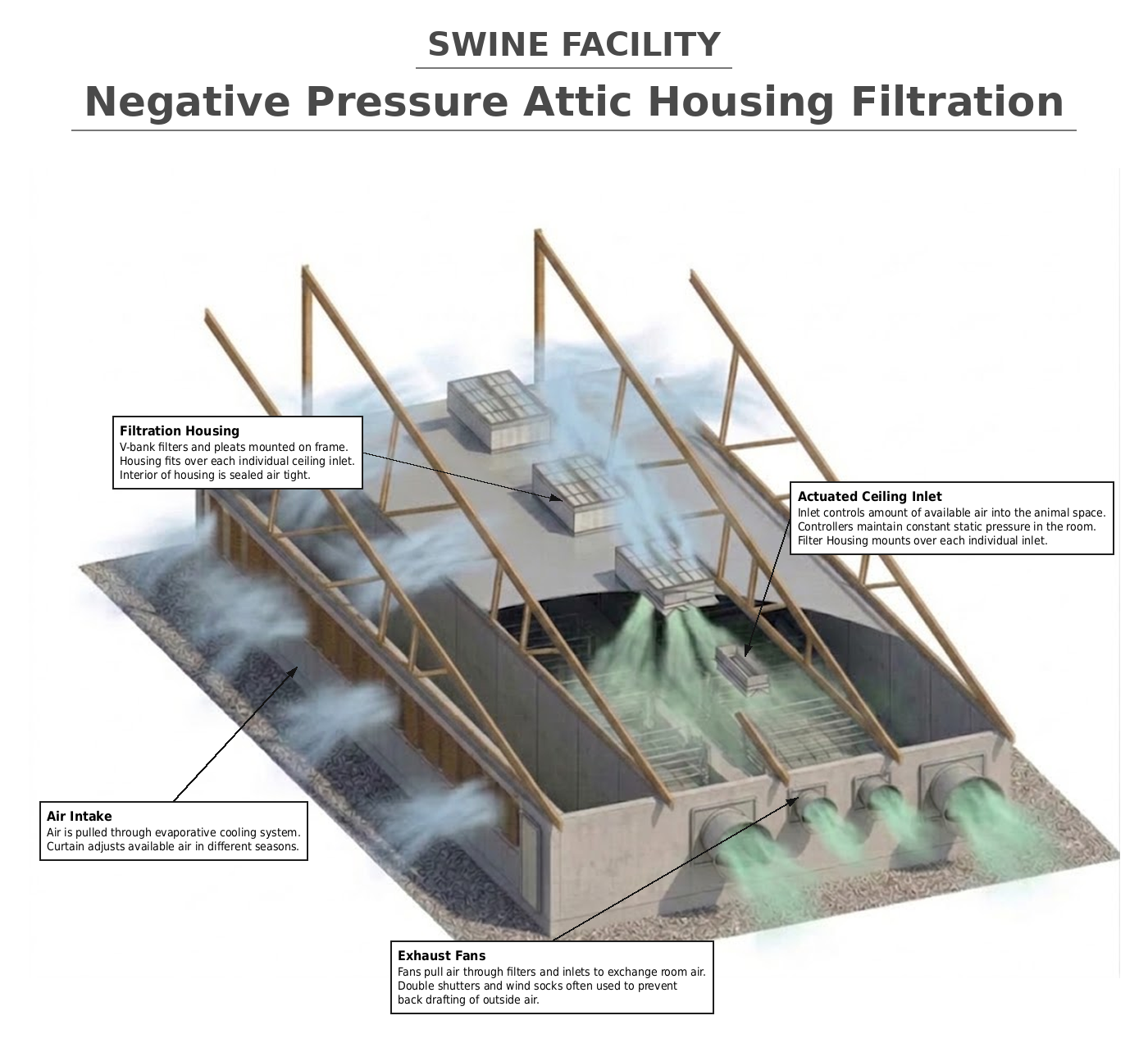 Cutaway of a swine barn with filter housings mounted over each ceiling inlet, air entering through a sidewall evaporative cooling pad and leaving through end wall exhaust fans.