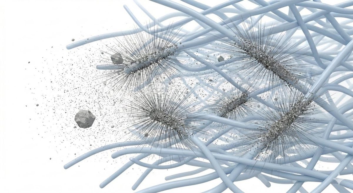 The same fibre bed with dark filaments radiating from several fibres and dust piled heavily along them.