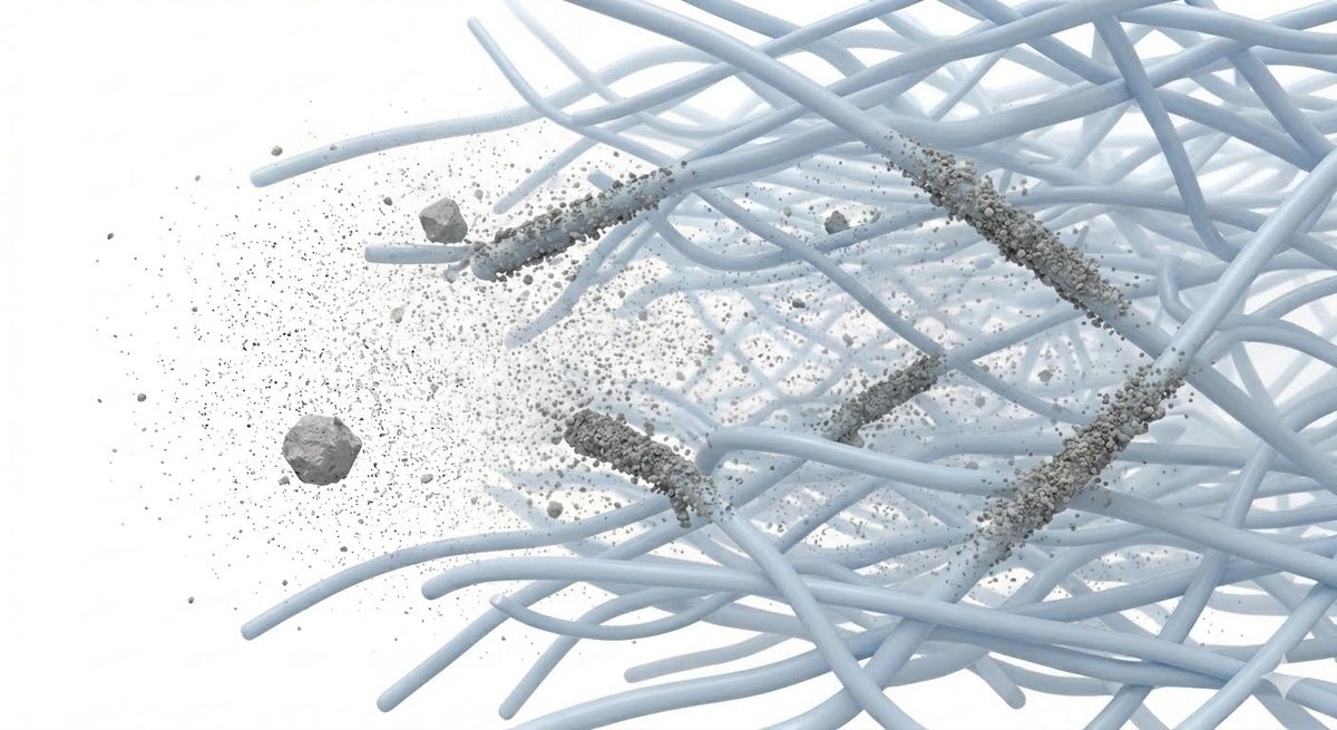 The same fibre bed with the radiating filaments gone, the heavy dust deposits still present on the fibres.