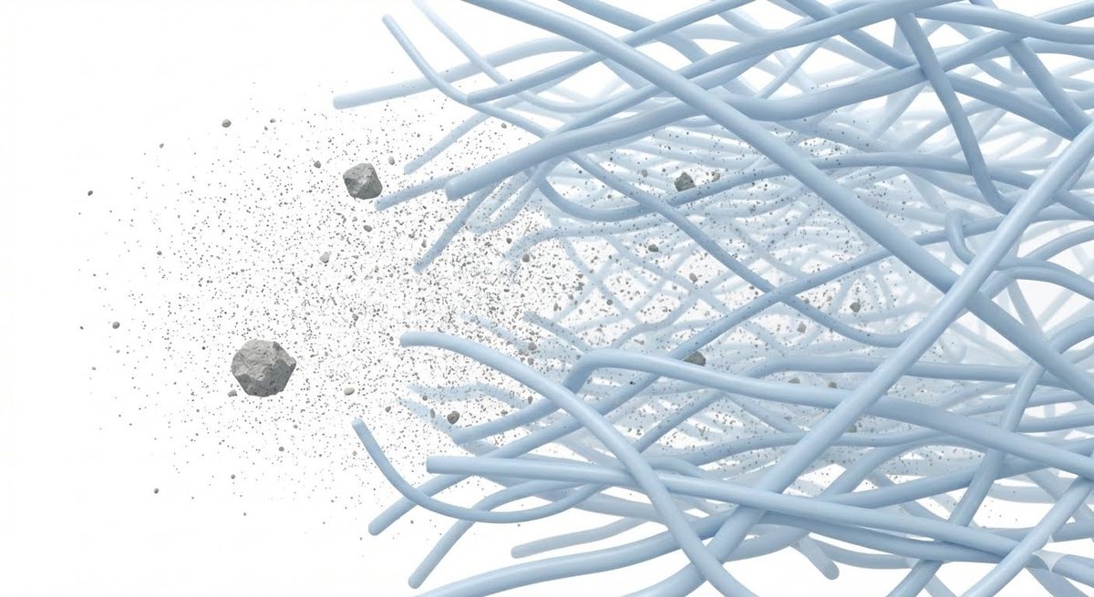 Bare pale blue filter fibres with fine dust caught throughout the depth of the bed.