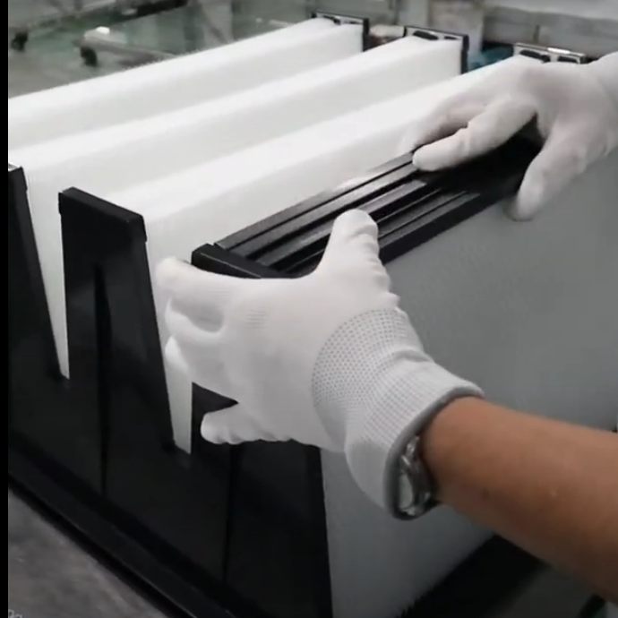 Media pack being seated into a V-bank frame during assembly