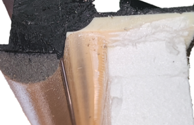 Cut section through a header corner showing a poured-in-place gasket with potting behind it