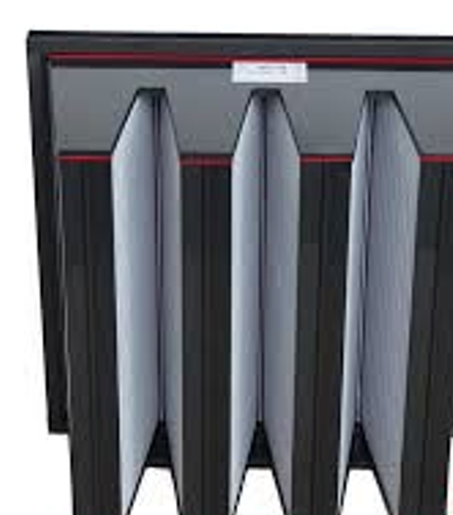 Angled view of a V-bank filter showing the joints between each V and the base